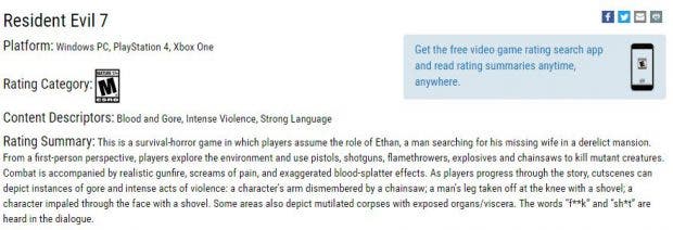 resident evil 7 ESRB
