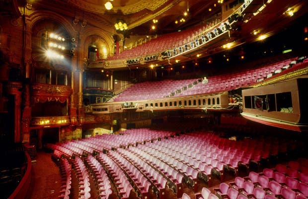 ACXM75 wide side view of audiotrium in the London Palladium theatre designed by architect Frank Matcham it was opened in 1910 and seats 2 300 has a vast interior richly ornated and gilded auditorium has become familiar to TV from the 1950 s on with weekly variety shows broadcast a huge list of stars have played here