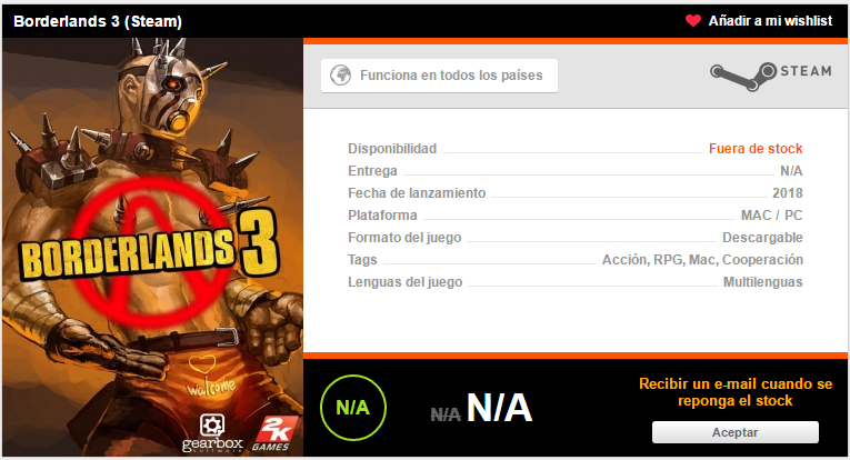 Borderlands 3 aparece listado con su año de lanzamiento 107