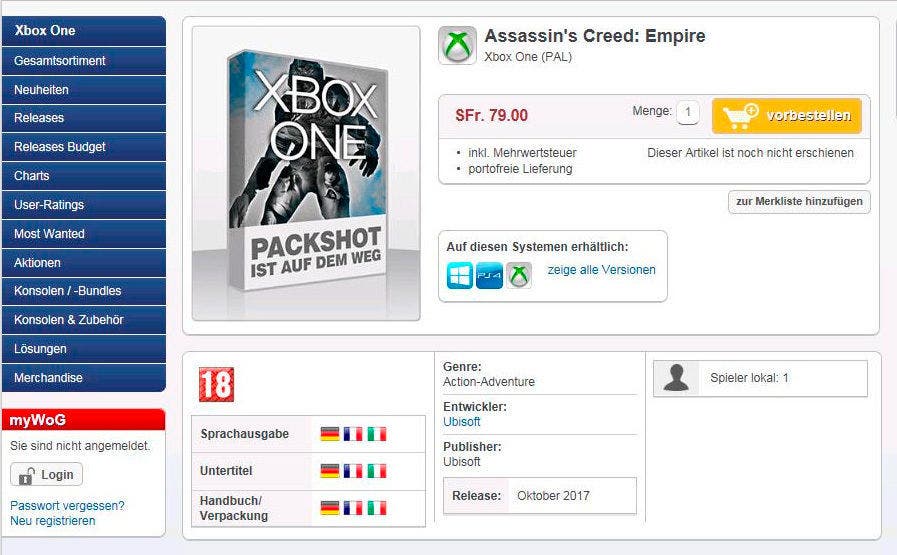 Assassin's Creed Empire listado para octubre en una tienda 109
