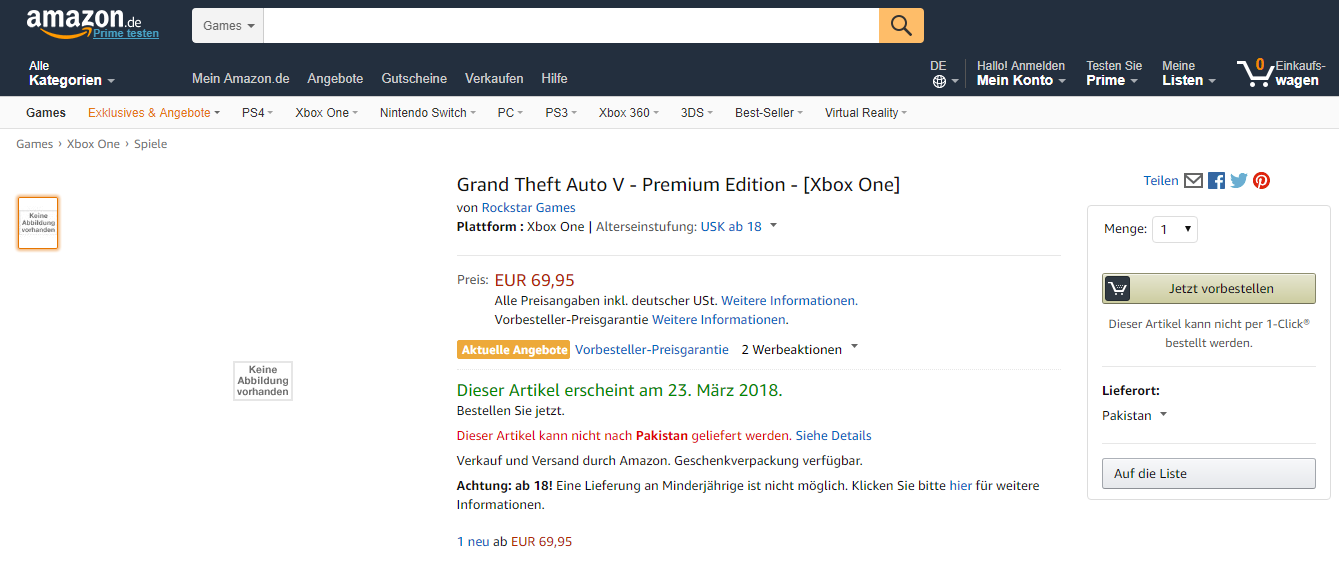 Grand Theft Auto V Premium Edition listado en Amazon 109