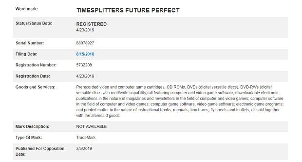 Timesplitters: Future Perfect, secuela de TimeSplitters 2, aparece registrado en 2019 109