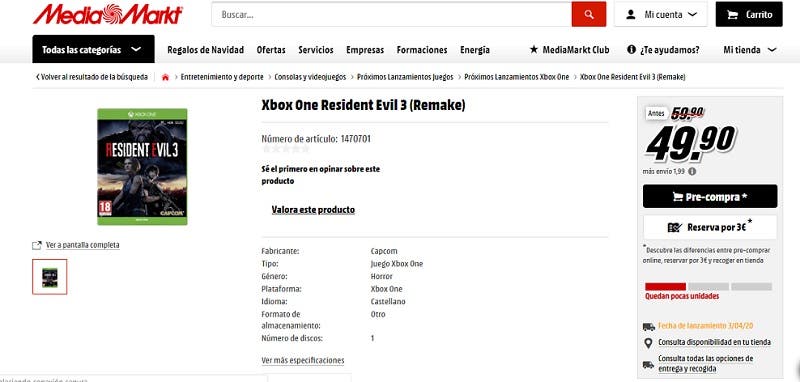 Las reservas de Resident Evil 3 en Xbox One en Media Markt ya se están agotando 109
