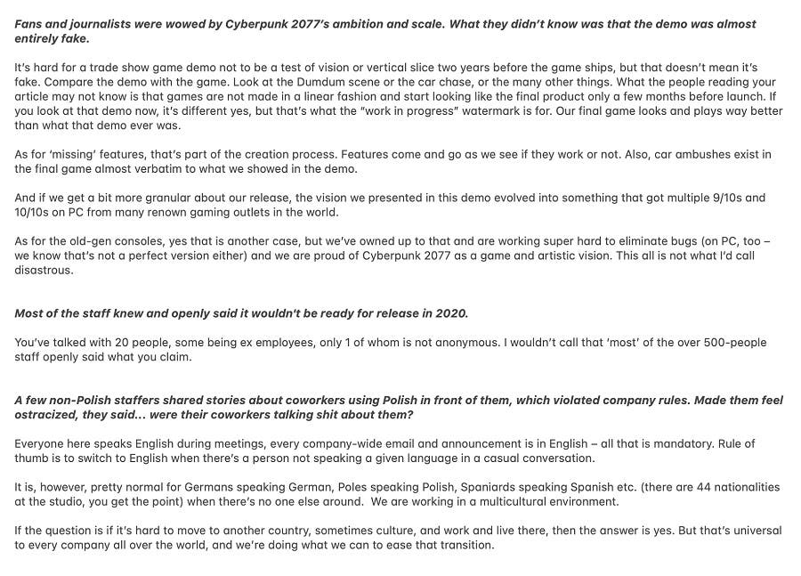Así ha respondido CEO de CD Projekt RED a las acusaciones contra Cyberpunk 2077 106