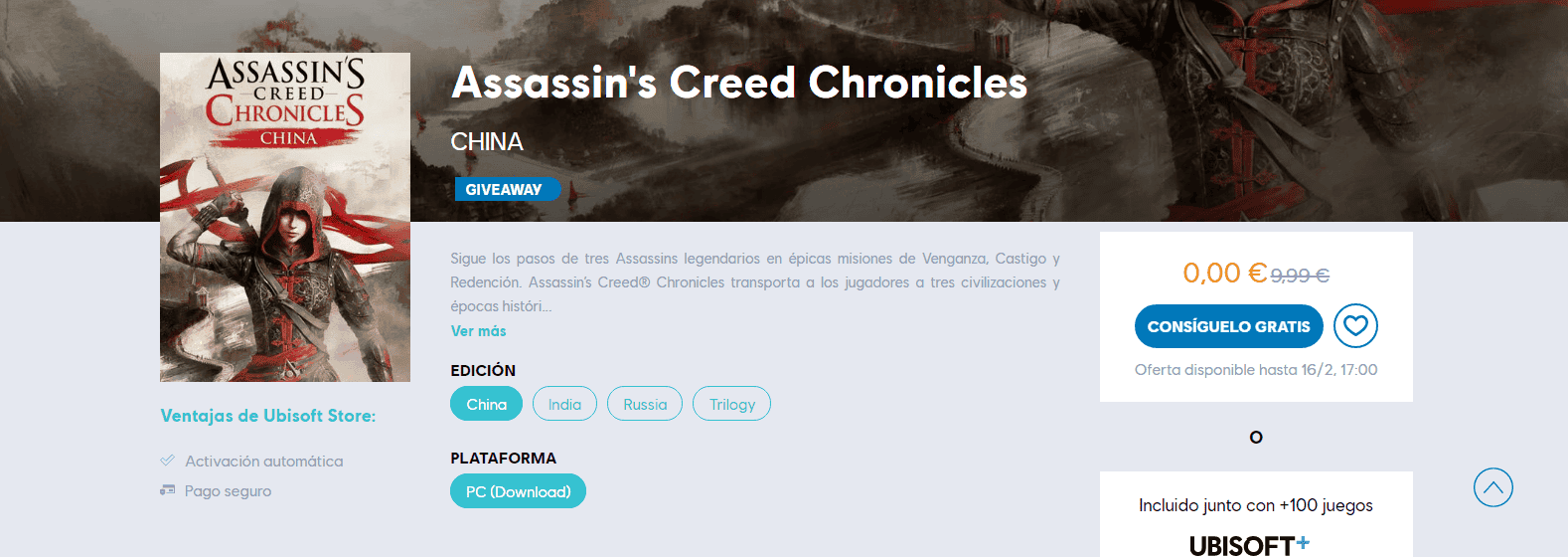 Get Assassin's Creed Chronicles free for PC