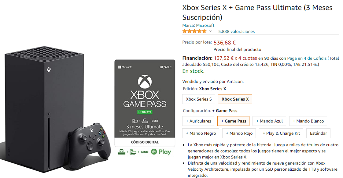 stock de Xbox Series X en Amazon España