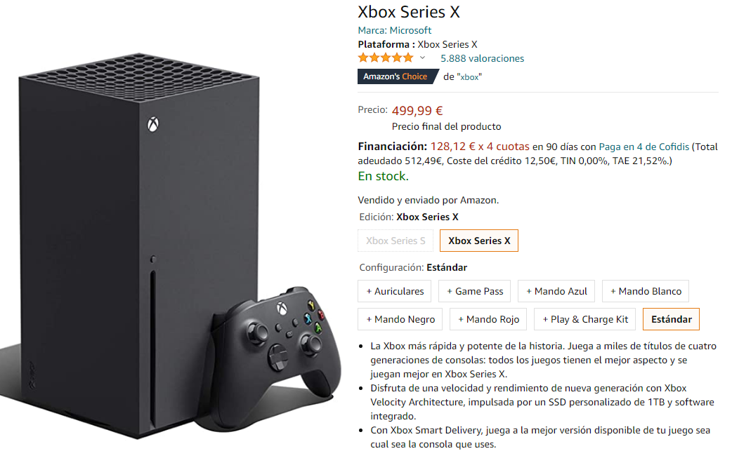 stock de Xbox Series X en Amazon España