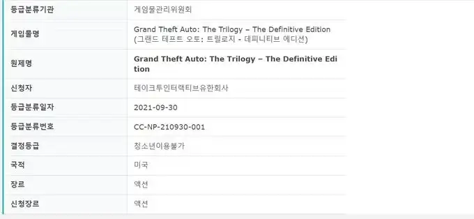 Grand Theft Auto: The Trilogy - The Definitive Edition ha recibido un rating en Corea 106