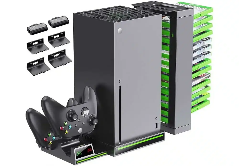Soporte vertical para Xbox Series X con base de carga para mandos, baterías y estantería de juegos, por solo 30 euros 105