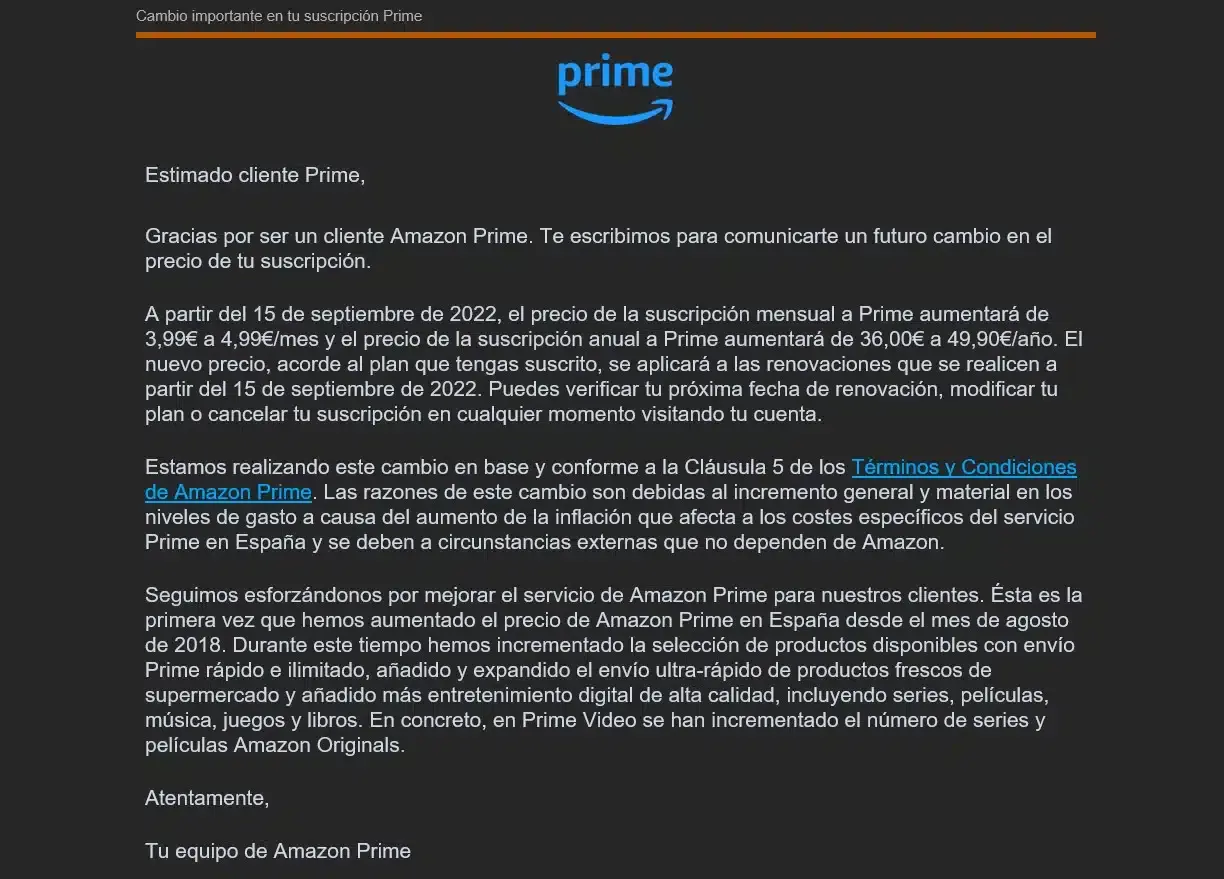 Amazon Prime sube de precio en España más de un 30%