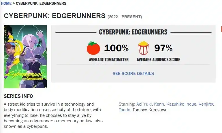 Cyberpunk: Edgerunners tiene la mejor calificación de la crítica 105