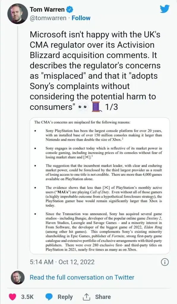 Microsoft acusa al regulador de Reino Unido por presentar las mismas quejas de Sony respecto al acuero de Activision Blizzard