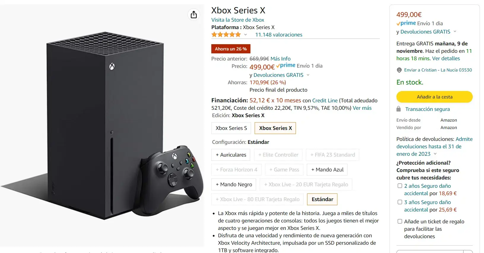 stock de Xbox Series X en Amazon