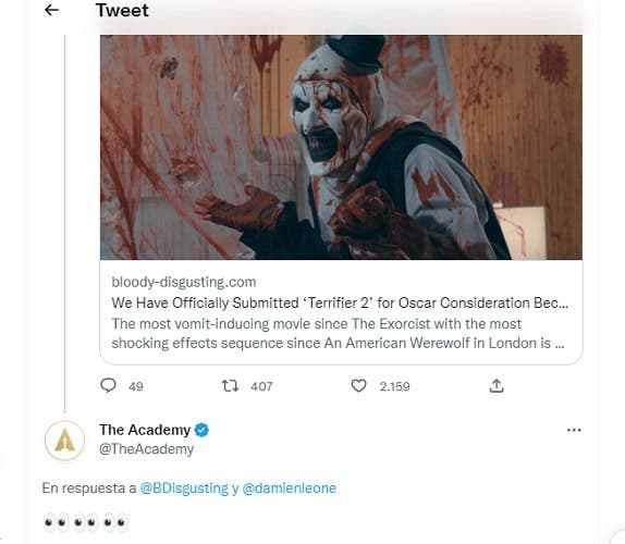 ¿Y si Terrifier 2 gana un Oscar? Arranca la campaña #OscarsForArt, que llega a la Academia 84 ¿Y si Terrifier 2 gana un Oscar? Arranca la campaña #OscarsForArt, que llega a la Academia 32