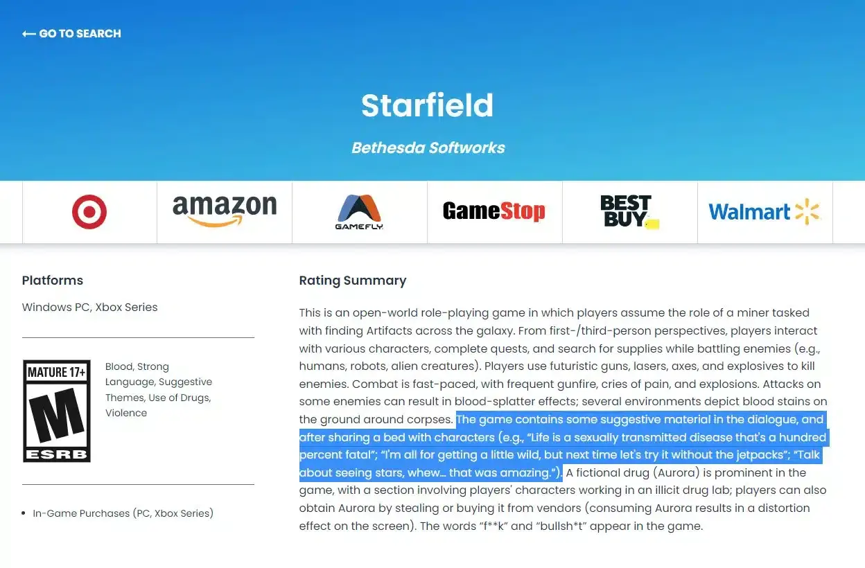 ¿Esperas conversaciones sexuales en Starfield? La ESRB filtra algunas de ellas 140 https://www.somosxbox.com/mas-sobre-noticias-de-juegos-starfield-ha-sido-calificado-ya-de-manera-oficial-18-por-temas-de-violencia-y-drogas/997427
