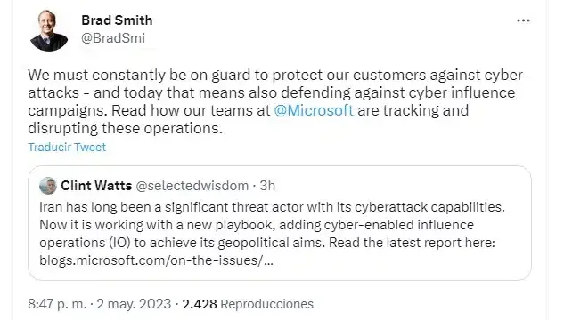 Brad Smith recuerda el papel crucial de Microsoft en ciberseguridad de terceros países, como ya hizo con Reino Unido 103