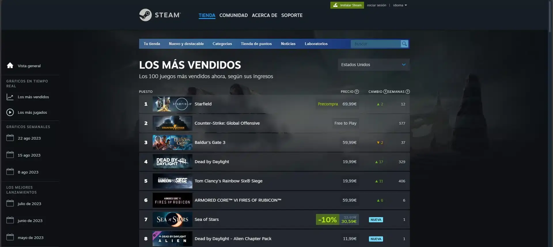 Starfield más vendidos de steam