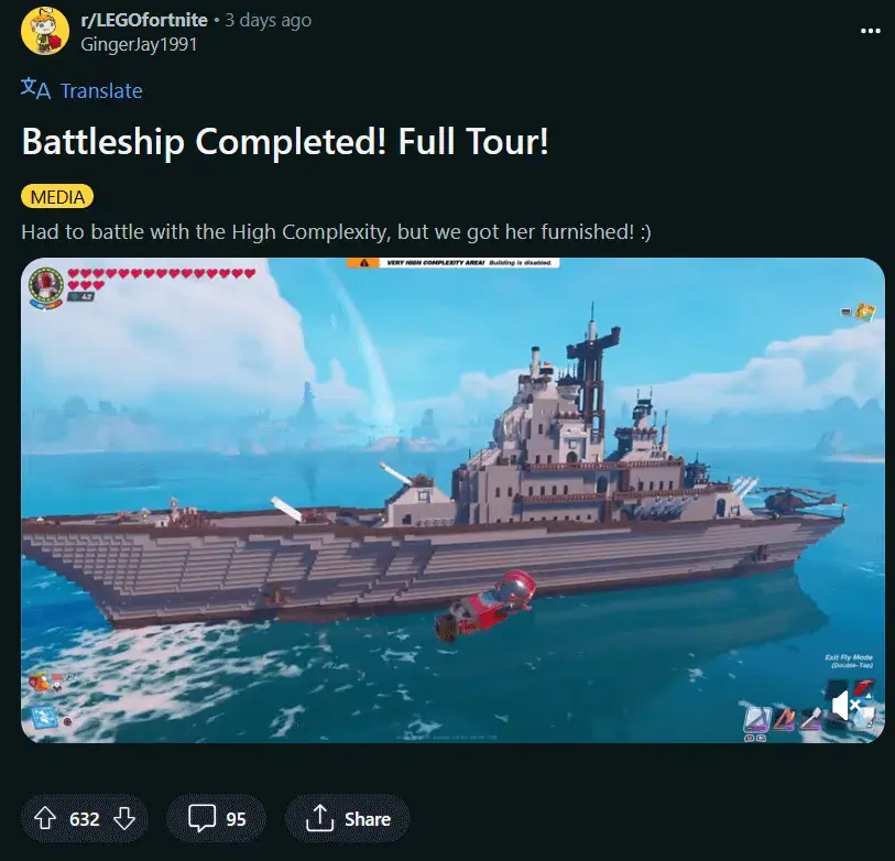 Construyen un impresionante Navío de Guerra en LEGO Fortnite muy fiel a las versiones reales