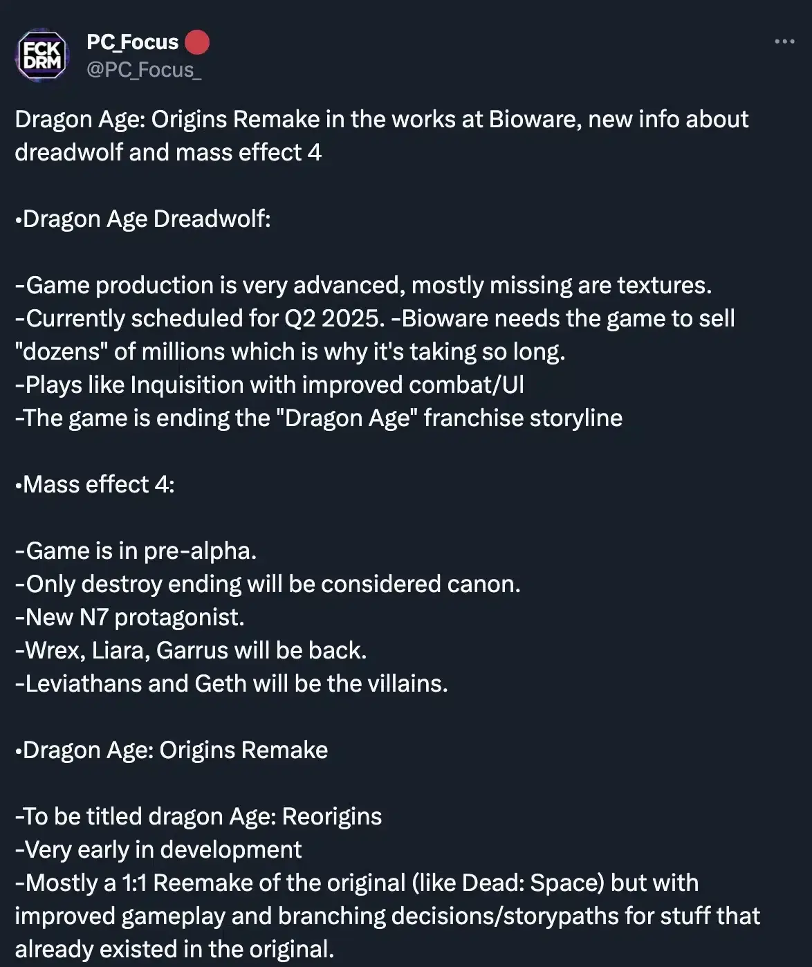 Un insider afirma que Dragon Age Origins Remake está en desarrollo y ofrece nuevos detalles sobre Dragon Age Dreadwolf y Mass Effect 4 109