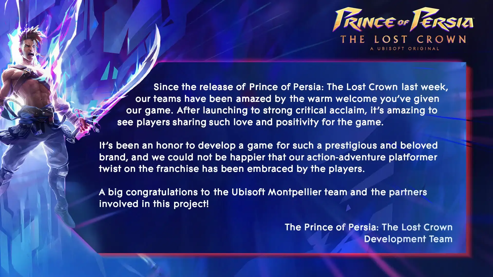 prince of persia the lost crown comunicado de agradecimiento