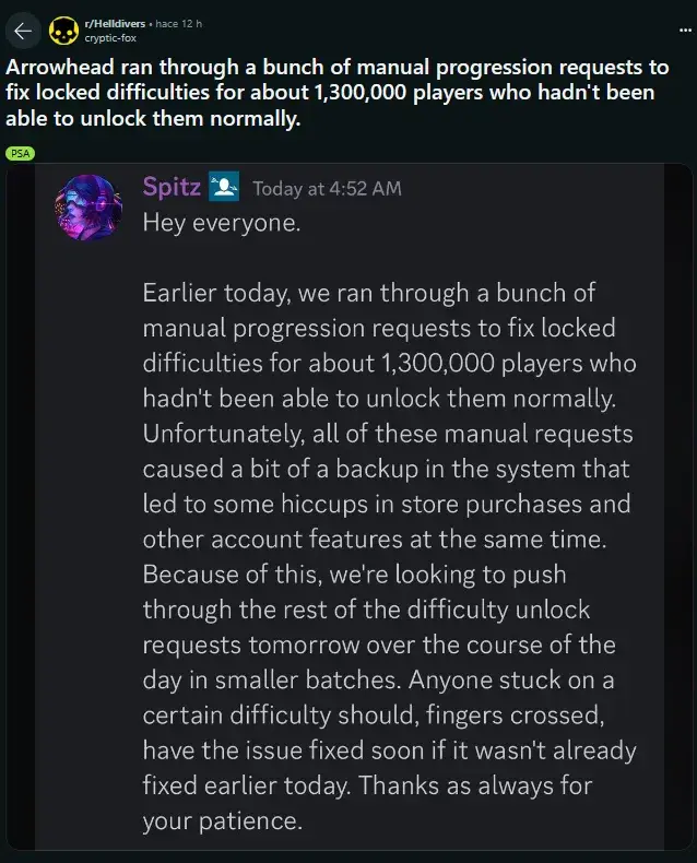 Arrowhead lanza una solución para un error que afectaba a más de un millón de jugadores en Helldivers 2