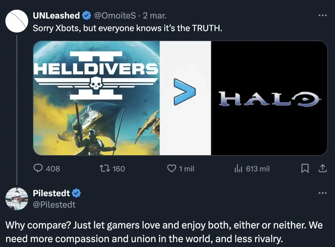 El creador de Helldivers 2 se harta de las comparaciones con Halo y critica a un fan de PlayStation 104