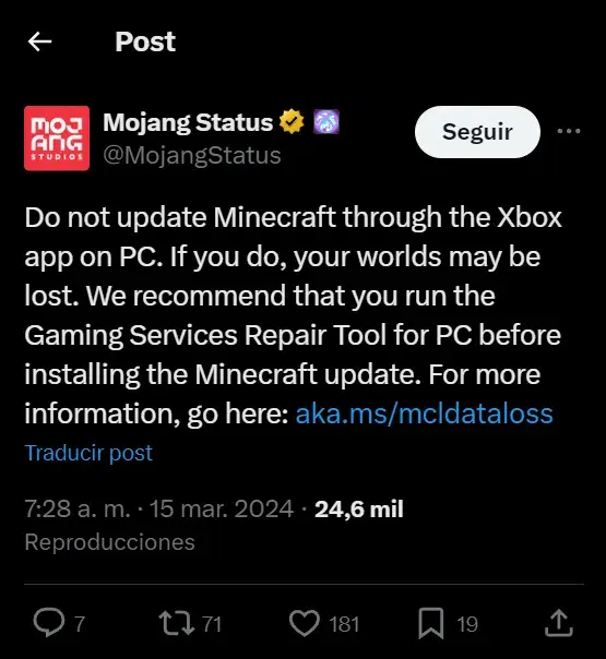 Do not update Minecraft through the Xbox app on PC. If you do, your worlds may be lost. We recommend that you run the Gaming Services Repair Tool for PC before installing the Minecraft update