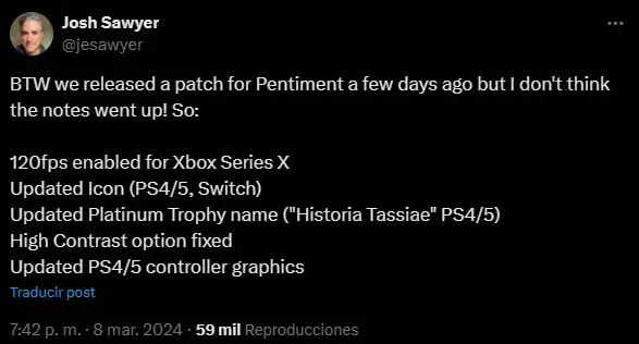 Pentiment alcanza los 120 fps en Series X y otras muchas mejoras gracias a su último update