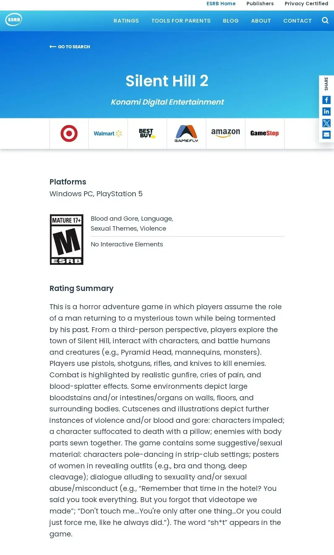 ESRB Silent Hill 2 remake