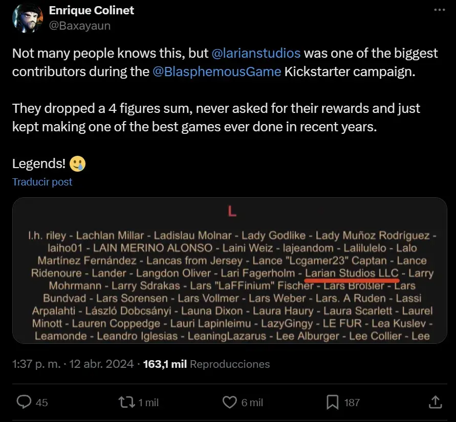 Los creadores de Baldur's Gate 3 fueron uno de los mayores inversores de Blasphemous en su Kickstarter, y no pidieron nada a cambio