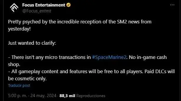 Warhammer 40.000: Space Marine 2 no tendrá microtransacciones y todo el contenido que se sume será gratuito, salvo excepciones
