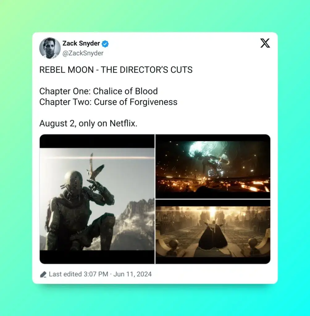 Ya sabemos cuando se estrenará la Director Cut's de Rebel Moon en Netflix, el gran cambio que promete Snyder 102