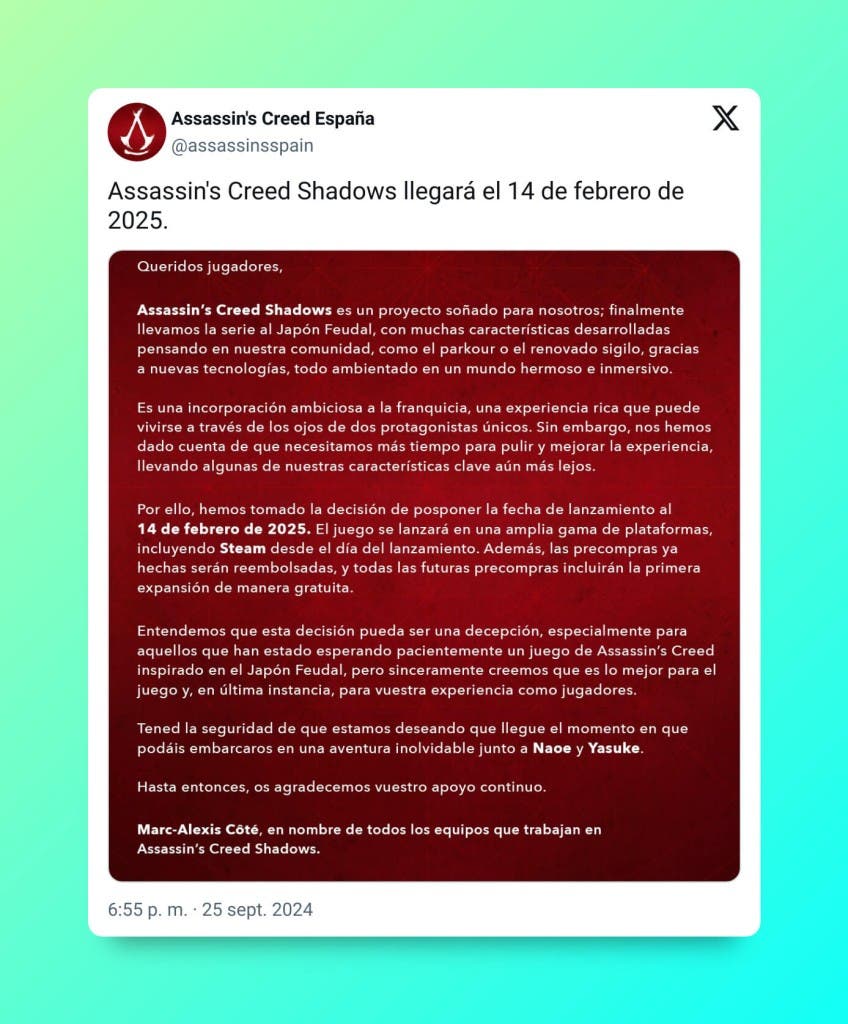 Ubisoft confirman todos nuestros temores y habrá que esperar un poco más para jugar a Assassin's Creed Shadows 107