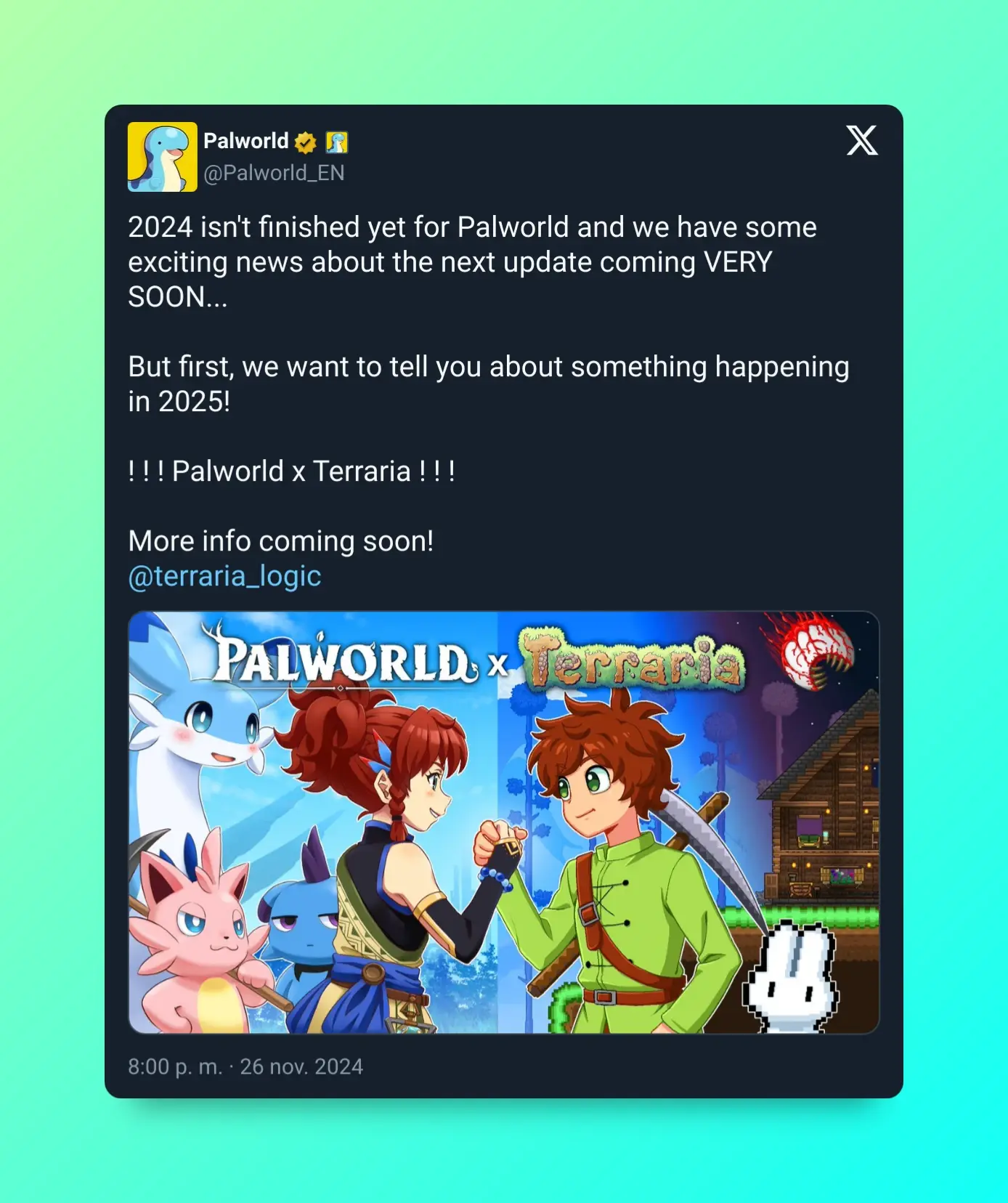 Terraria anuncia una gran colaboración con Palworld para 2025