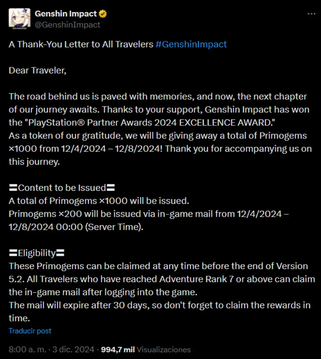 Genshin Impact enviará más de 1800 protegemas gratis en conmemoración de su nominación en The Game Awards