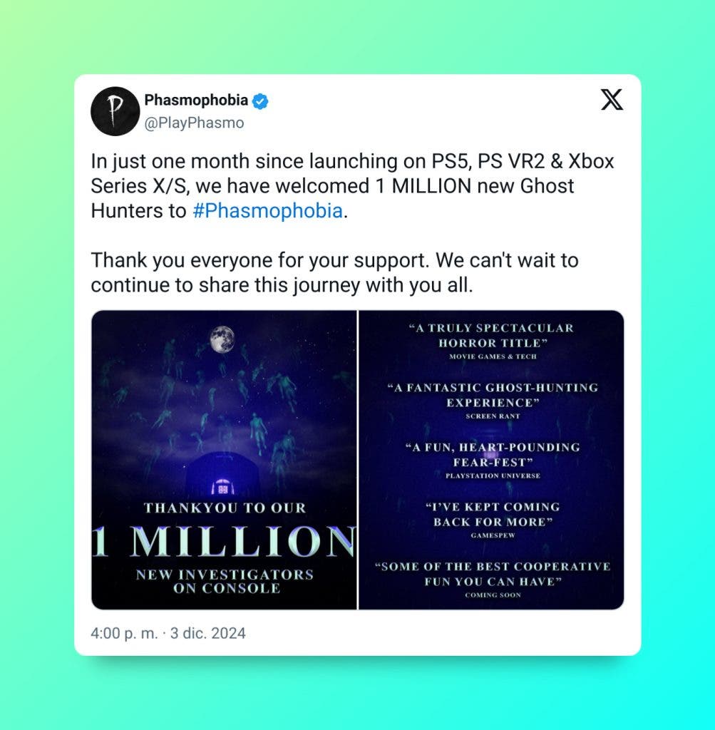 El lanzamiento de Phasmophobia en consolas ha sido un rotundo éxito y la desarrolladora presume de ventas en redes sociales 109