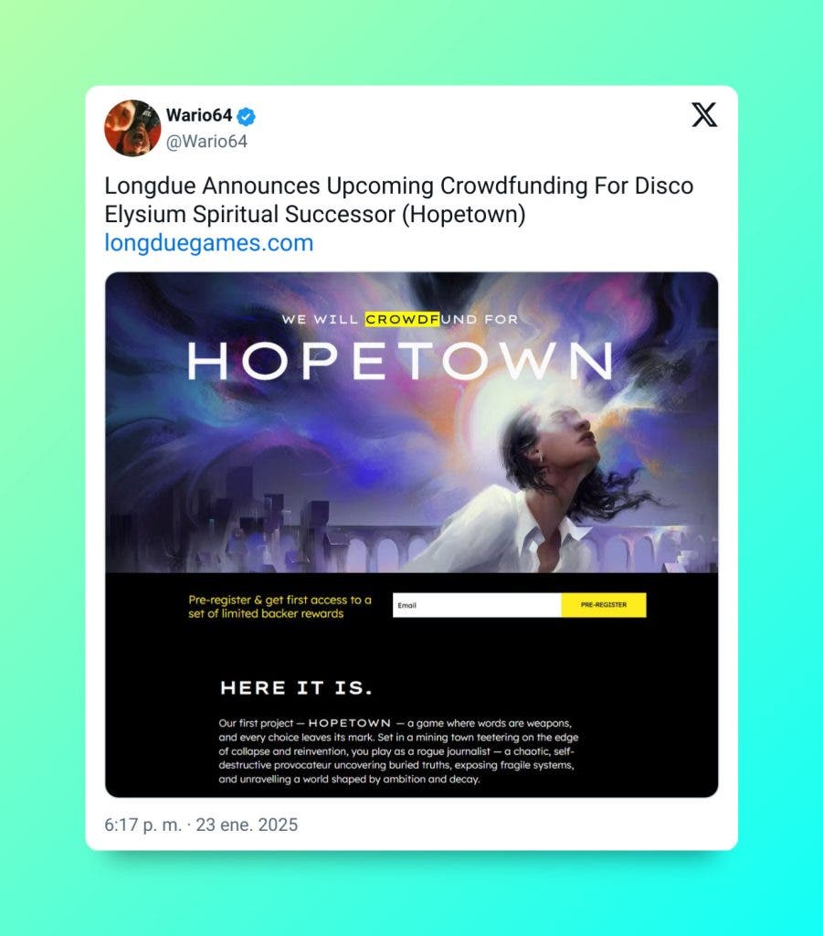 Varios de los creadores de Disco Elysium anuncian la campaña de kickstarter de Hopetown, una secuela espiritual del mencionado título 102