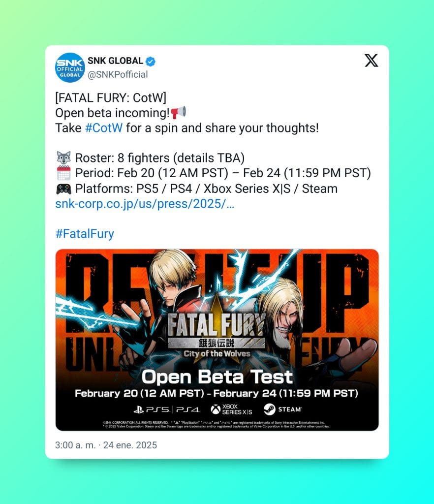 ¿Ganas de jugar a Fatal Fury: City of the Wolves? SNK ha anunciado una beta abierta para probar este esperadísimo regreso de la saga