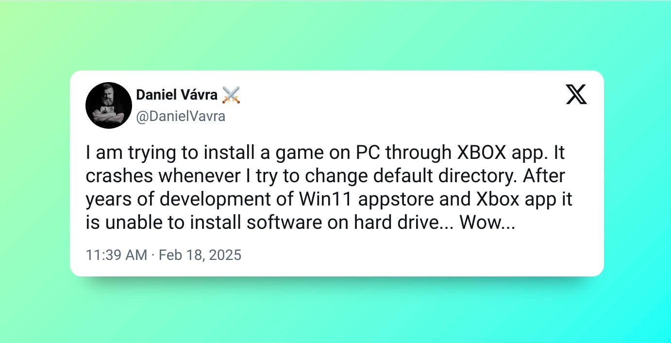 Tuit de Daniel Vávra, director de Kingdom Come Deliverance 2, hablando sobre la app de Xbox en PC