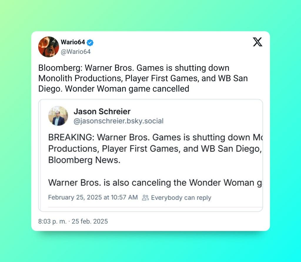 Warner Bros anuncia el cierre de Player First Games, Monolith Productions y la cancelación del videojuego de Wonder Woman