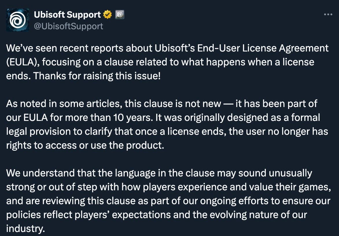 "Entendemos que suena fuerte": Ubisoft reconoce abiertamente que puede quitarte los juegos que les hayas comprado en digital 100